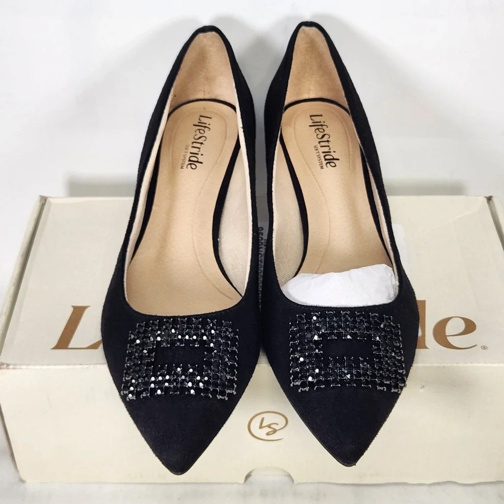 LifeStride Minx Bling Pumps Women Size 8 Black Micro Rhinestone Block Heel New